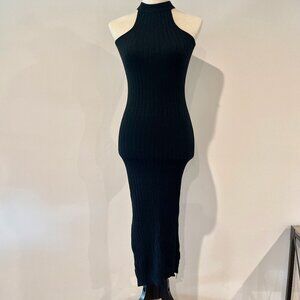 Black Halter Mock Turtle Neck Sleeveless Long Maxi Ribbed Knit Dress with Slit